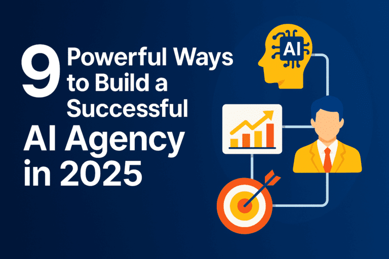 Powerful Ways to Build a Successful AI Agency in 2025' displayed prominently in bold tech-style typography. Optimized for Google Discover and blog feature image usage