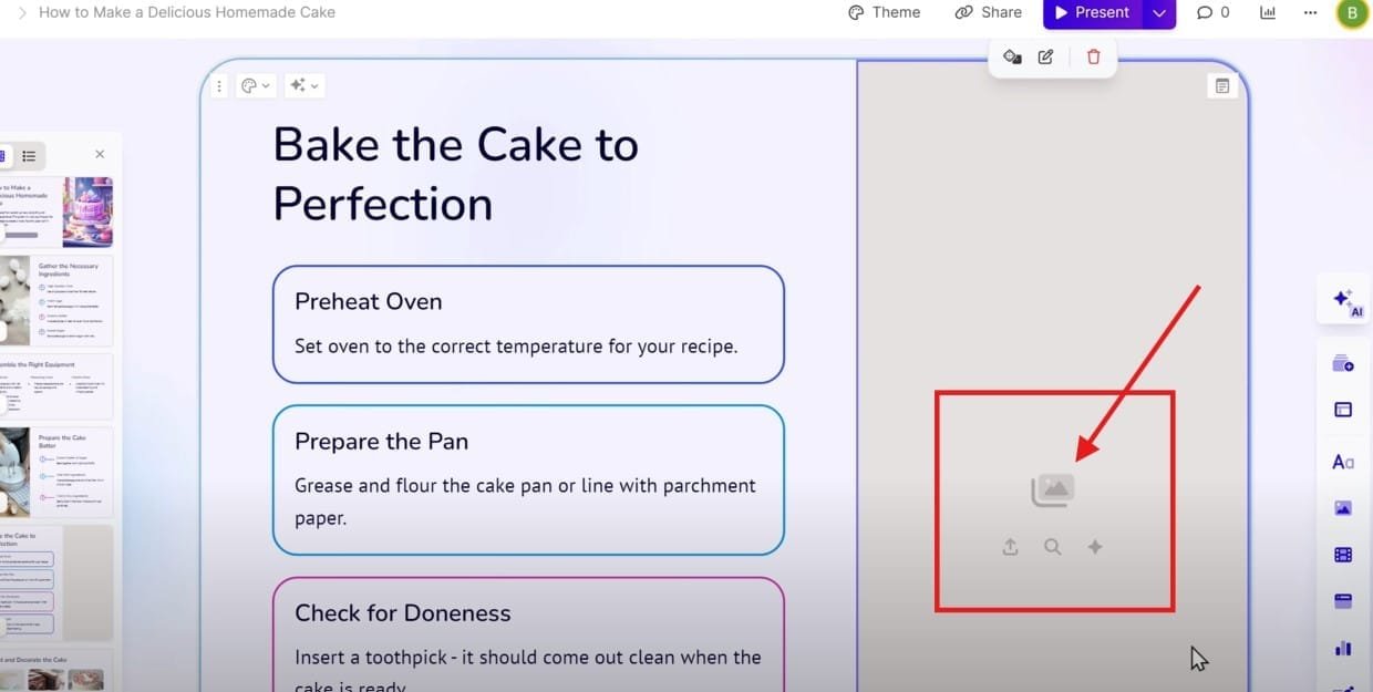 Then go back to Gamma AI, click the upload image icon, drag and drop the image from your computer, and voilà - you've replaced the image!