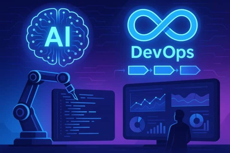 How to Use AI in DevOps:Futuristic AI and DevOps integration with automated pipelines, code analysis, and predictive monitoring dashboard