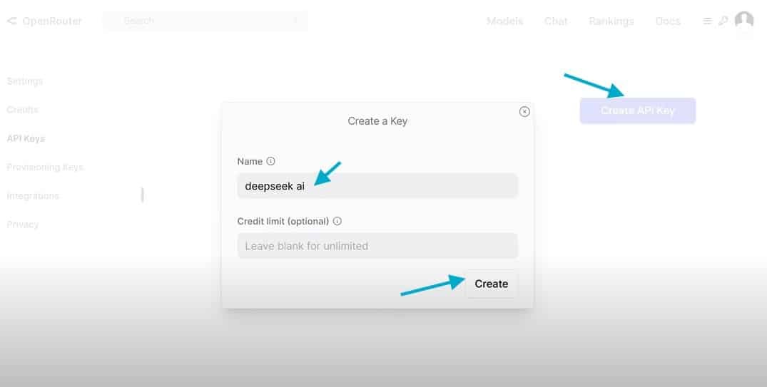 Generated Unlimited DeepSeek API Key on OpenRouter