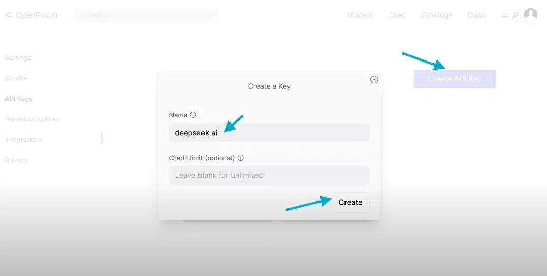 Generated Unlimited DeepSeek API Key on OpenRouter