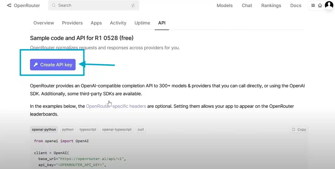 Screenshot of OpenRouter showing successfully generated DeepSeek AI API key with unlimited access and no usage limits
