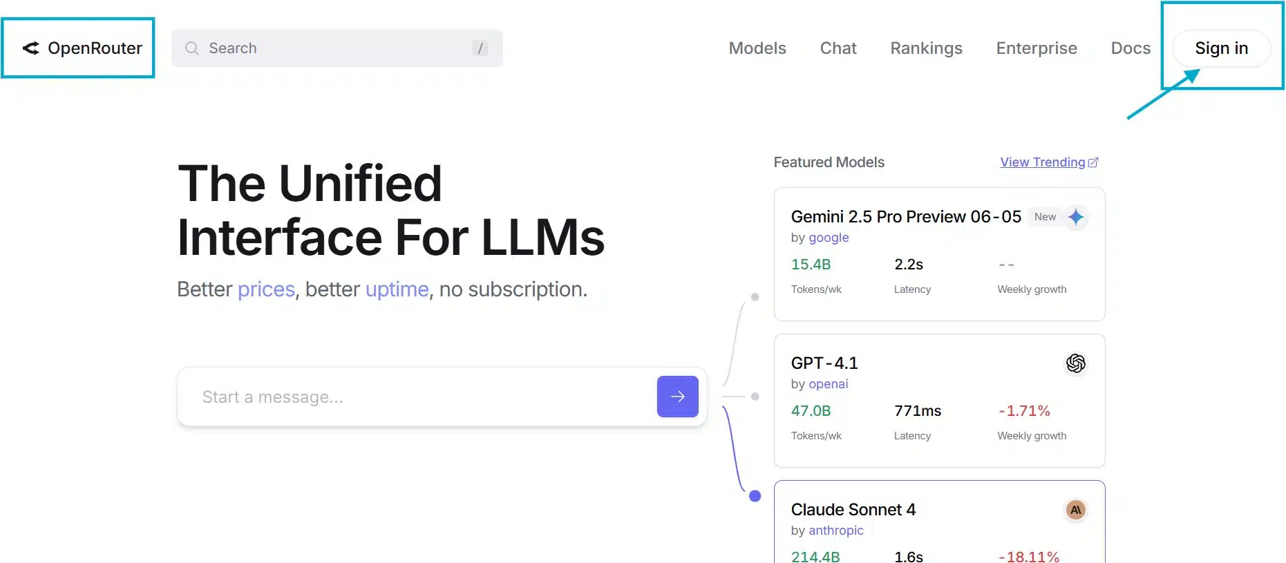 Screenshot of OpenRouter.ai homepage showing access to free and paid AI models including DeepSeek AI