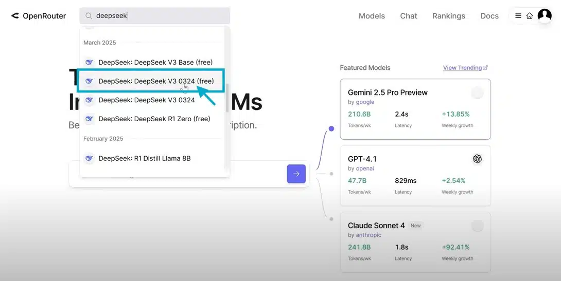 Search results on OpenRouter showing DeepSeek AI models including DeepSeek R1 and DeepSeek V3 Base
