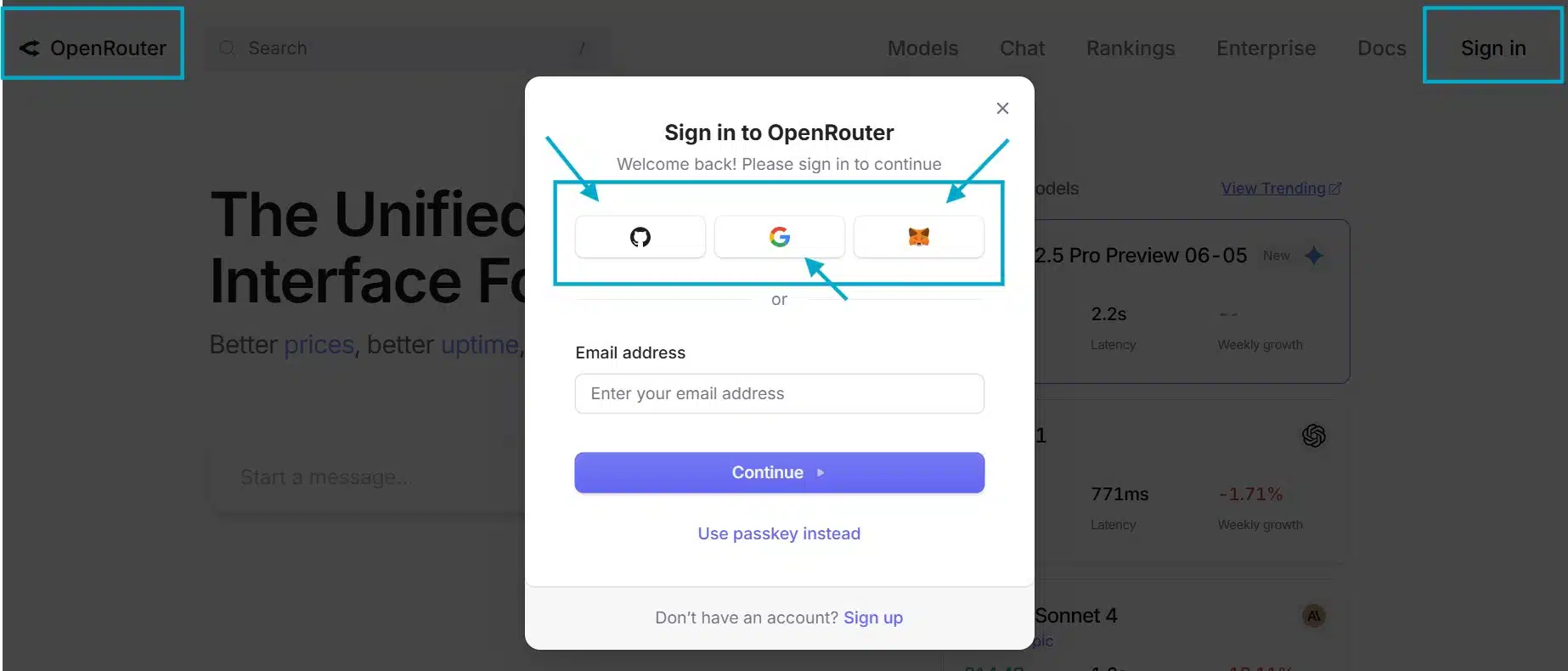 OpenRouter sign-in page with Google and GitHub login options using secure OAuth authentication