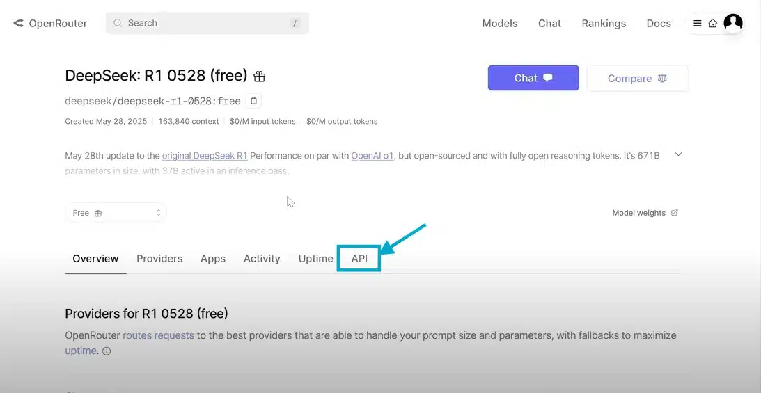 User interface on OpenRouter showing where to click to create a free DeepSeek AI API key