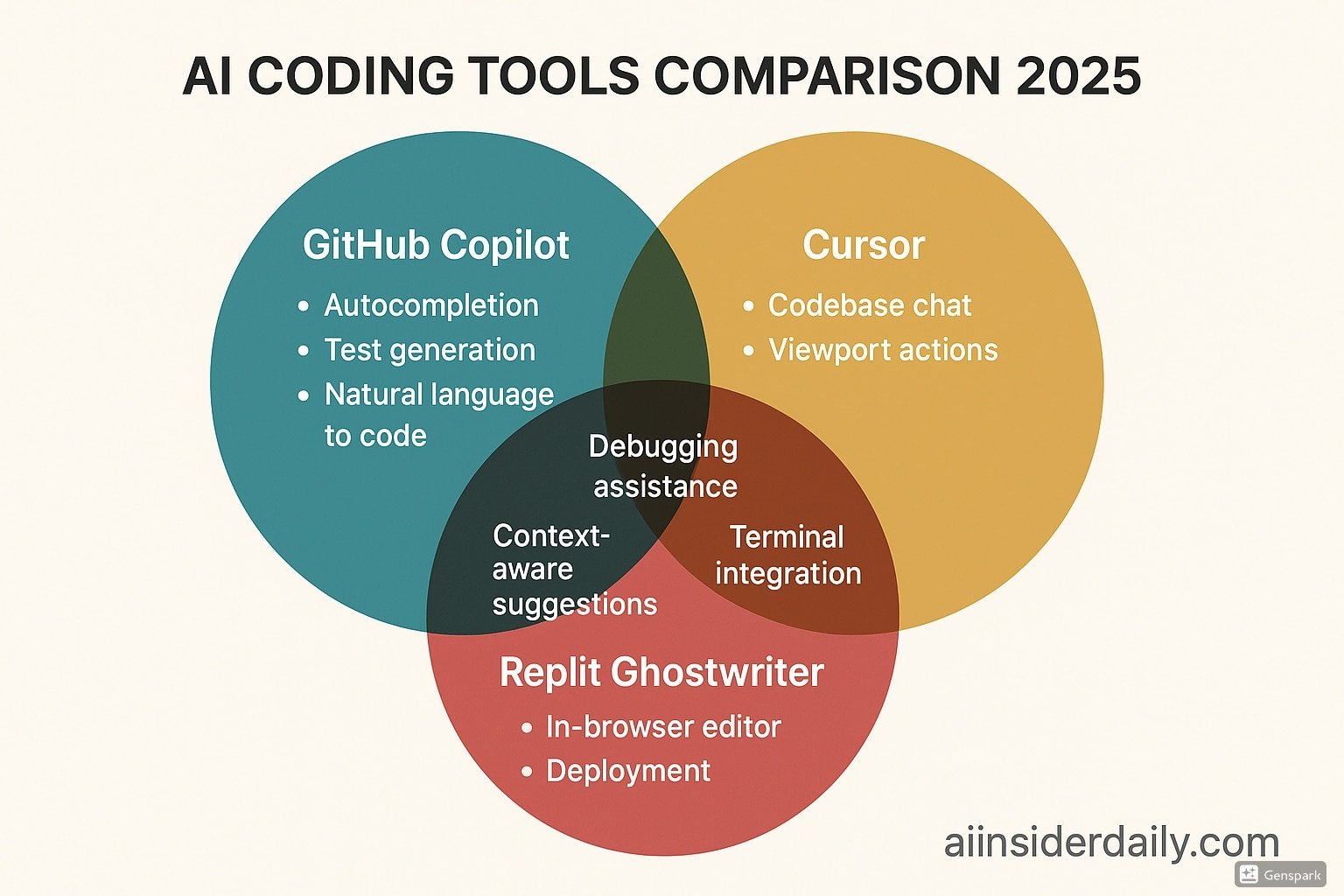 Venn diagram comparing GitHub Copilot, Cursor, and Replit Ghostwriter features and capabilities